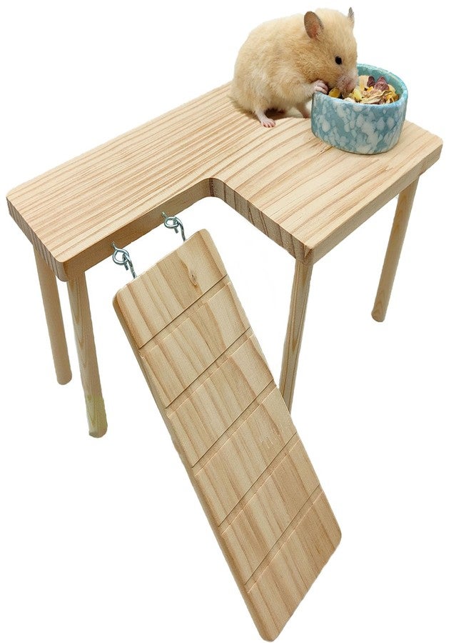 هامليدي منصة خشبية للهامستر مع سلم، منصة لعب لتسلق الفئران، ملحقات قفص، ديكور للهامستر السوري القزم، الجرذان، الفئران (يسار) - Image 1